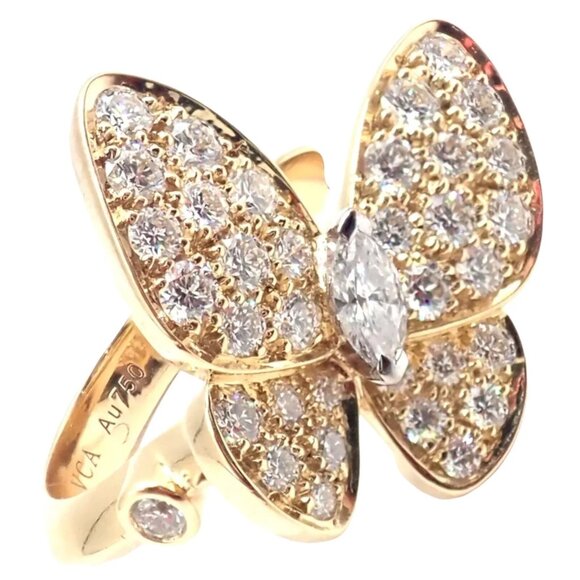 Authentic! Van Cleef & Arpels 18k Yellow Gold Diamond Two Butterfly Ring Cert. - Picture 1 of 10